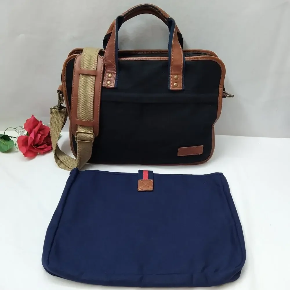 Tommy Hilfiger Dark Blue Canvas Double Handles Zipper Messenger Laptop Bag